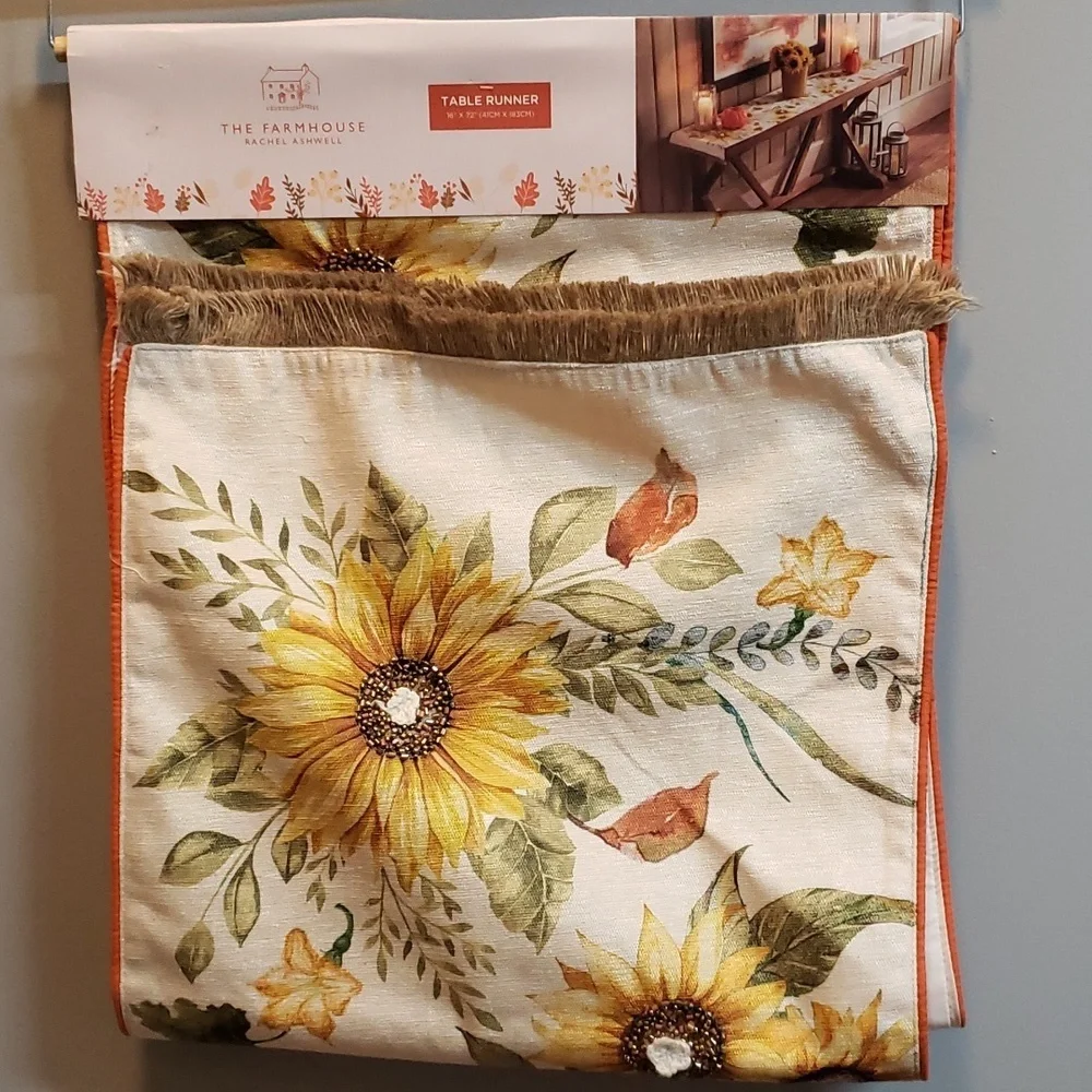 The Farmhouse Rachel Ashwell 72 x 16 Beaded Sunflower Fringed Table Runner